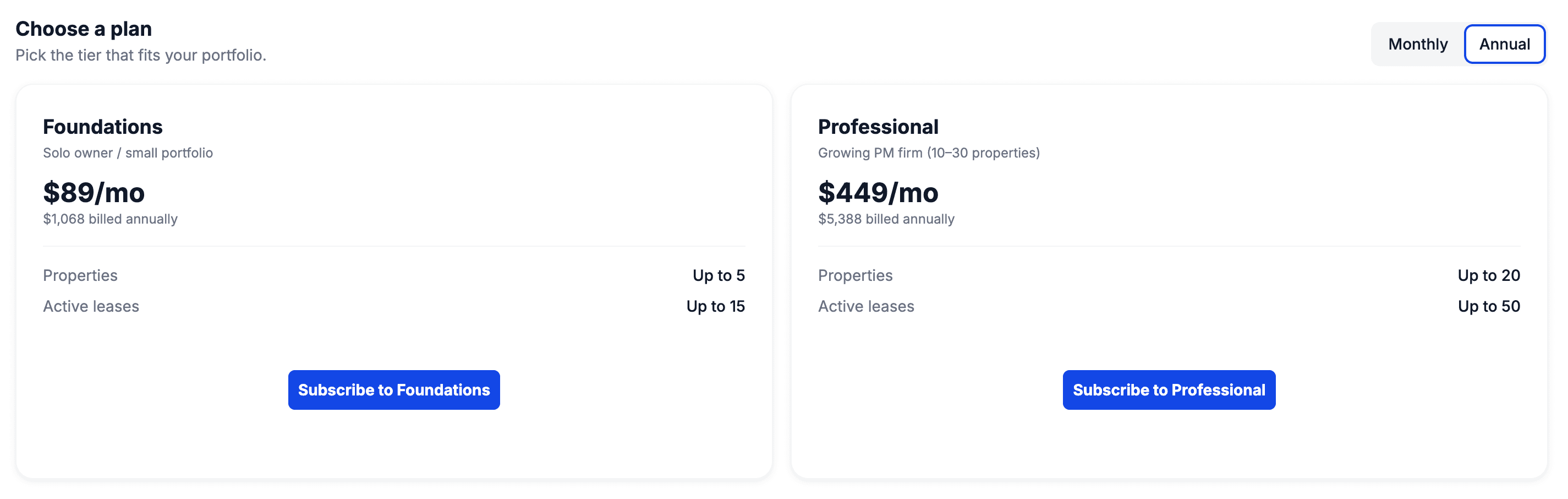 Onboarding plan selection screen showing Foundations and Professional plan cards with a monthly and annual billing toggle above them