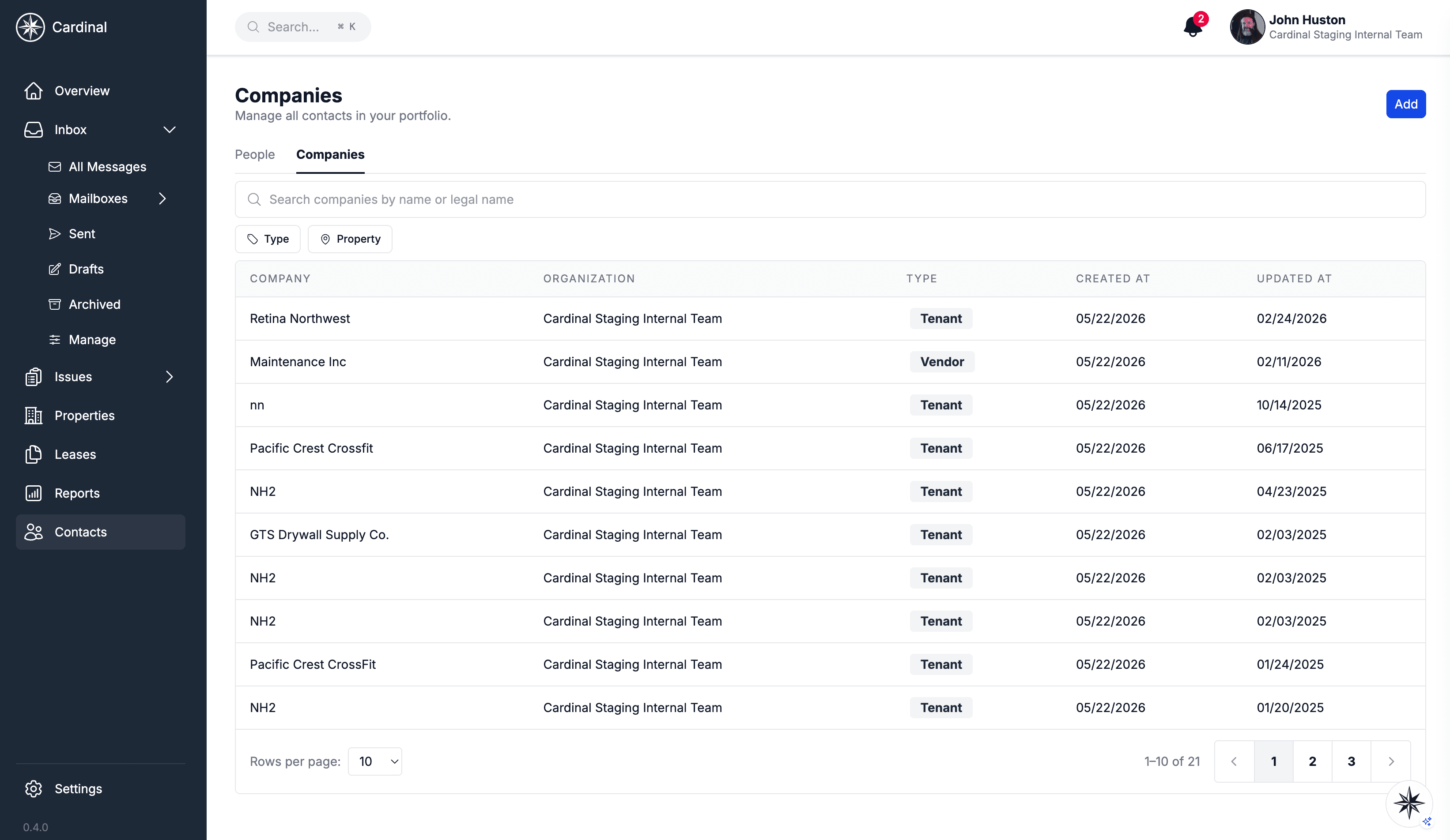 Companies list showing company names, types, and dates