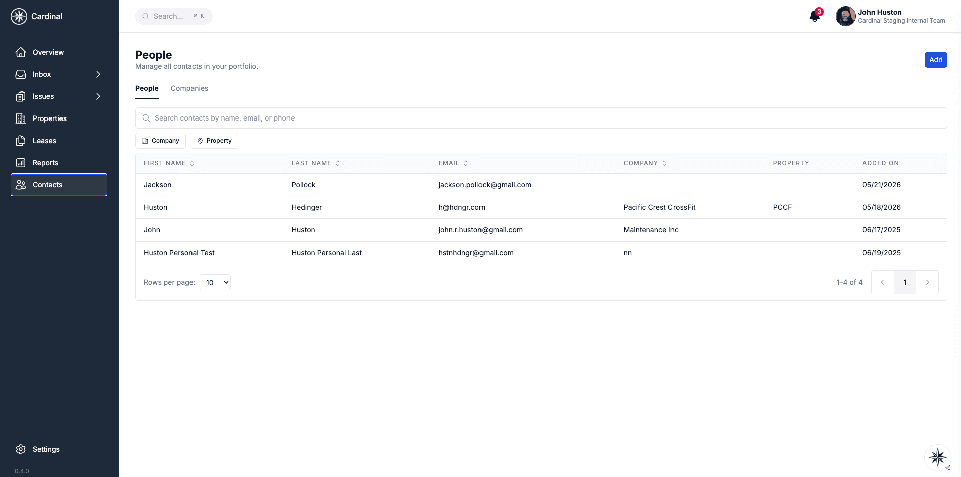 Contacts page showing people and companies tabs