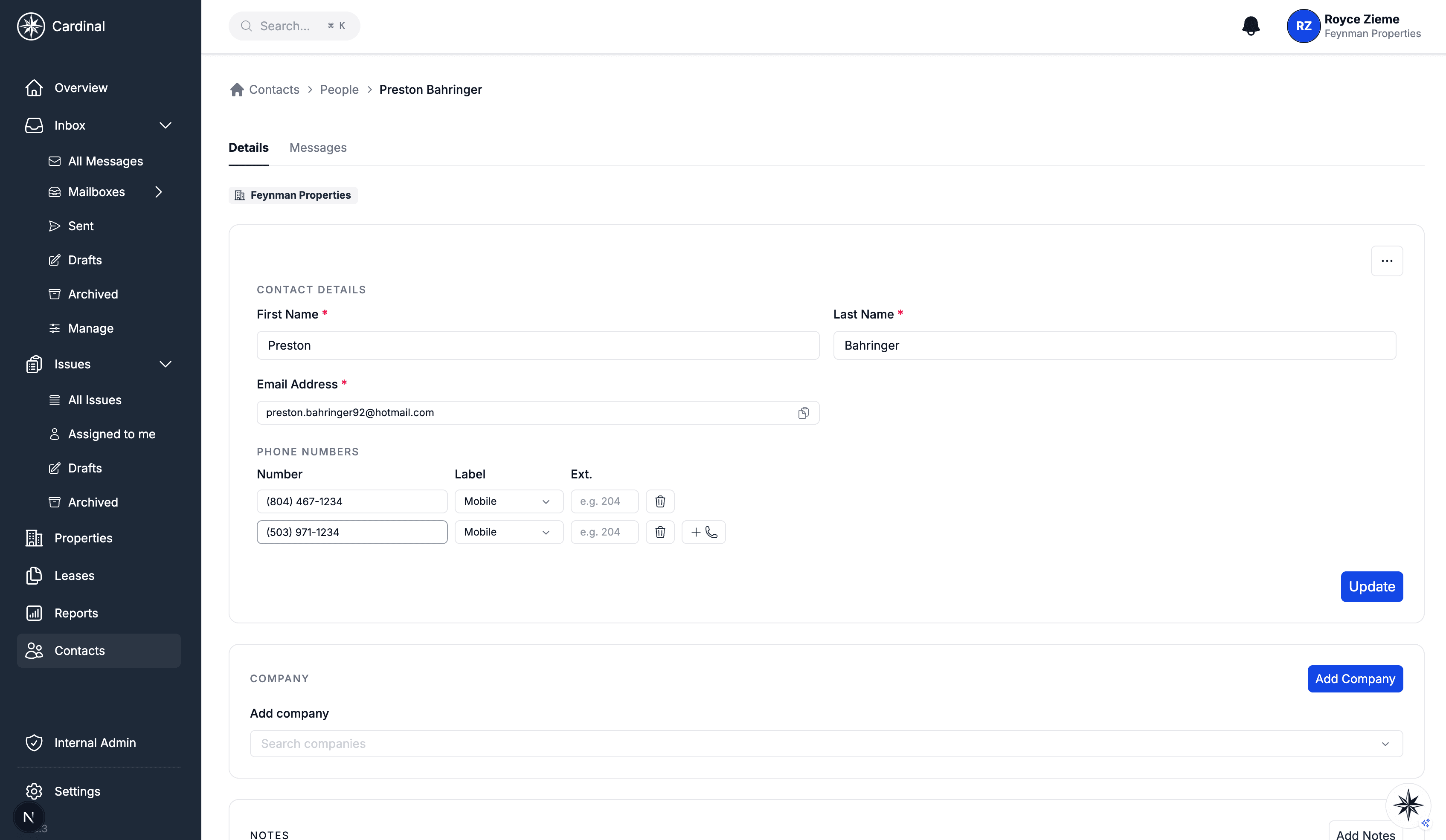 Person detail page showing contact info, company, and message history