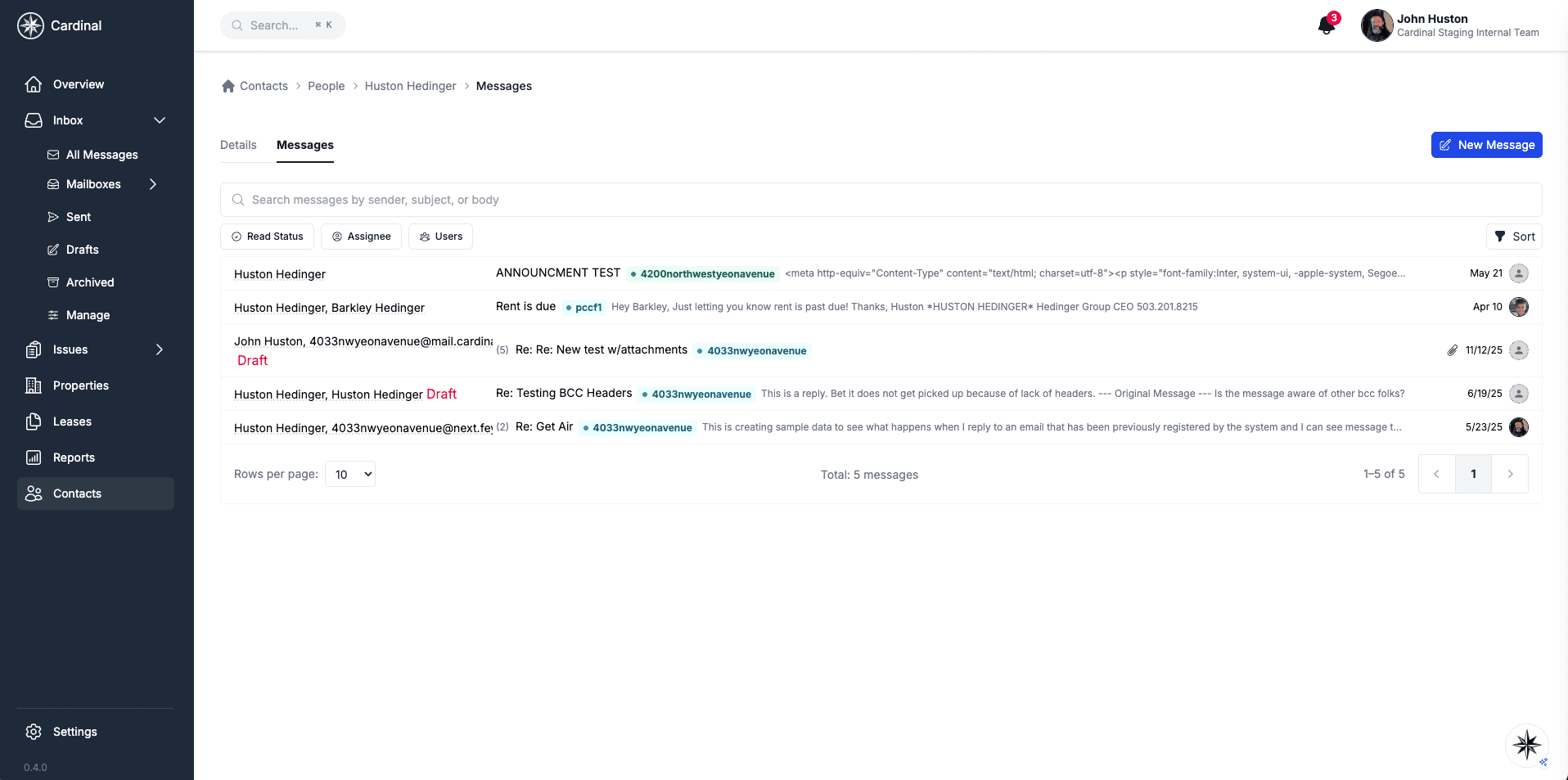 Person detail page showing the contact's message history with subject lines, snippets, and timestamps