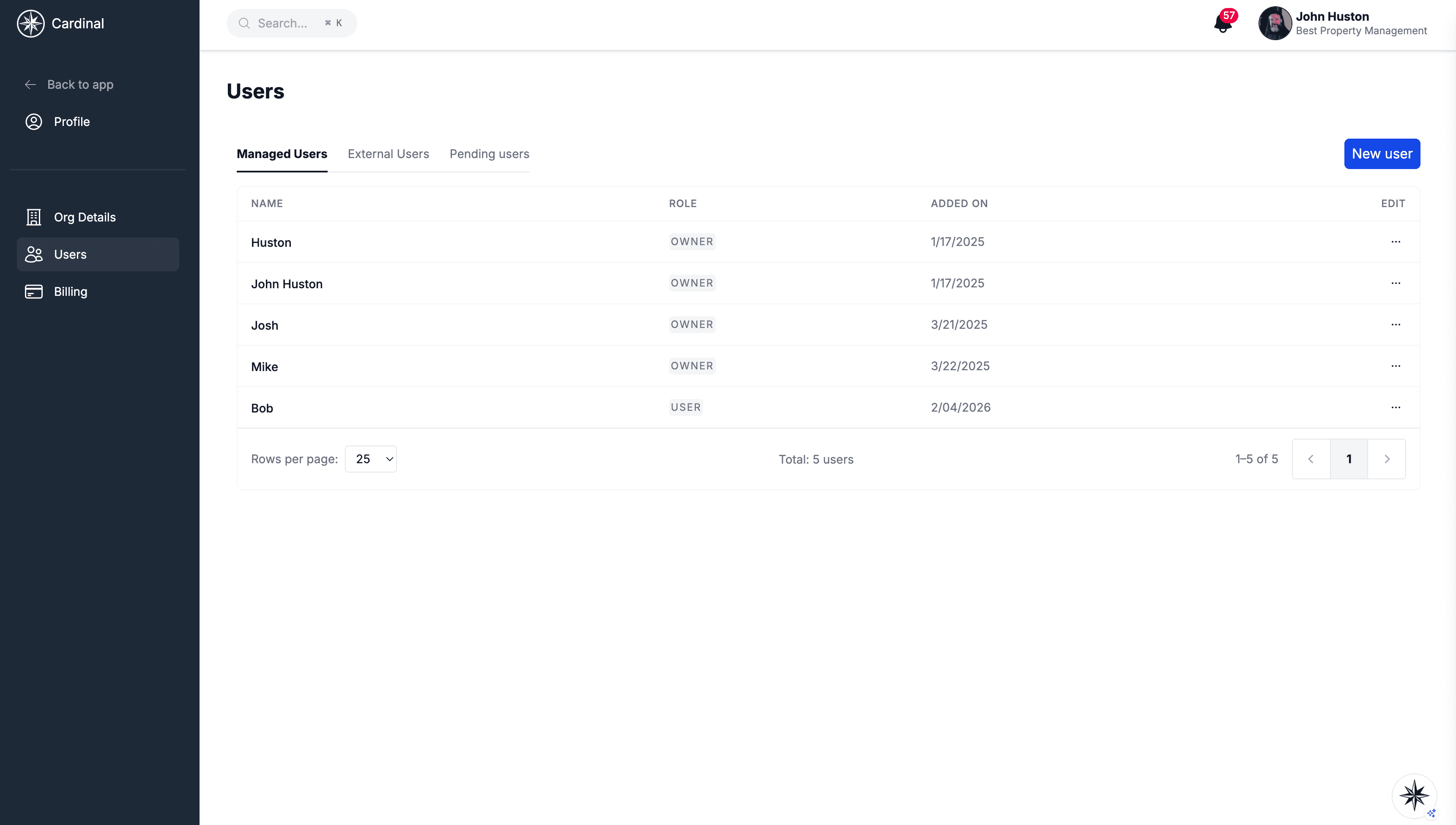 Pending users screen in organization settings
