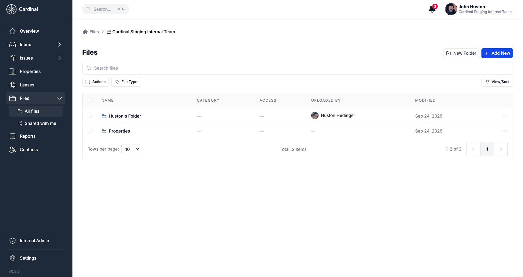 Files page in List view showing folders and documents with Name, Category, Uploaded by, and Modified columns