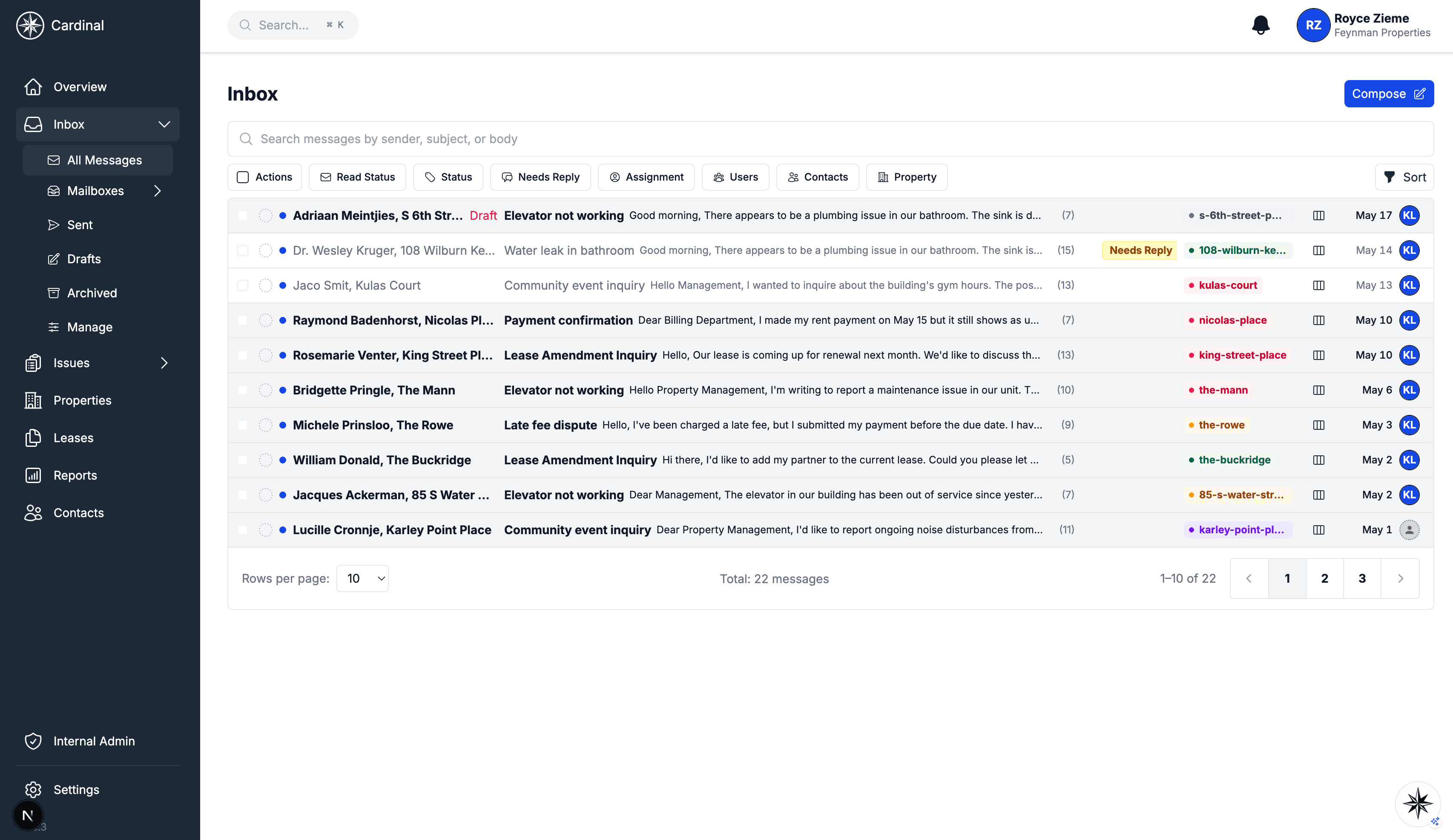 Inbox dashboard showing all email threads with search and filtering options