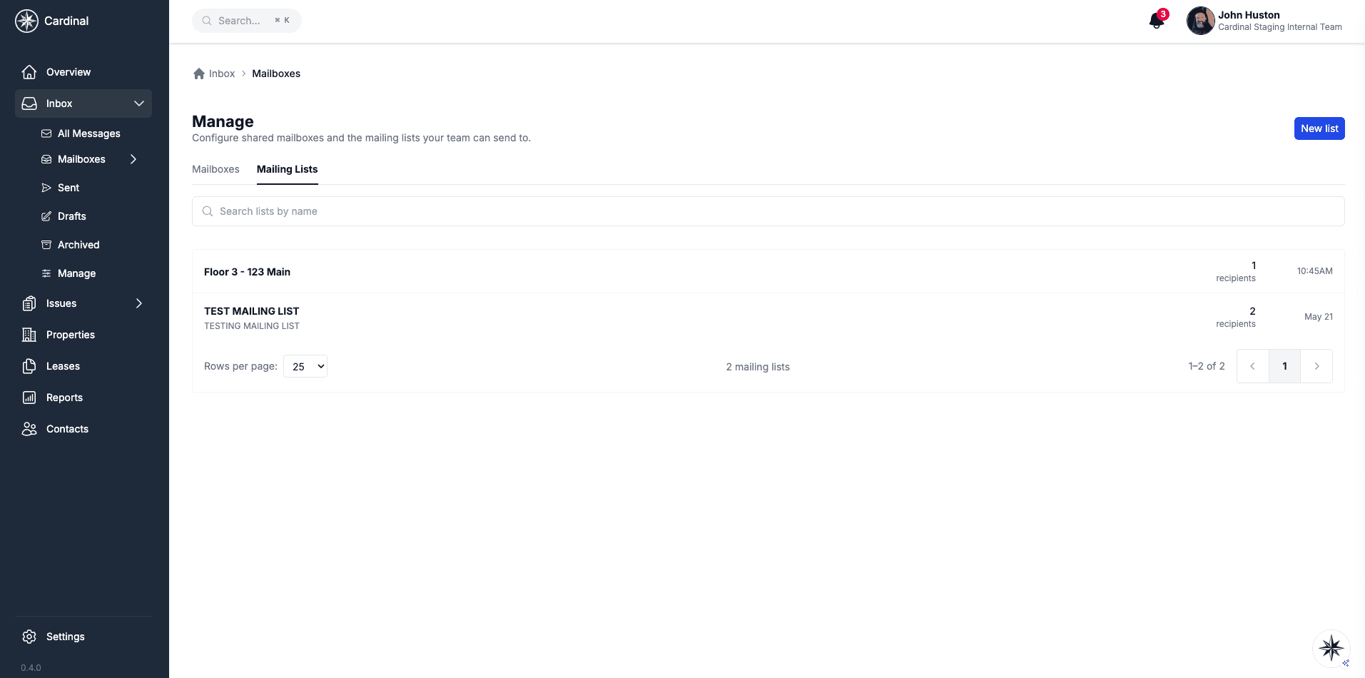 Mailing Lists page showing a list of organization mailing lists with name, member count, and creation metadata