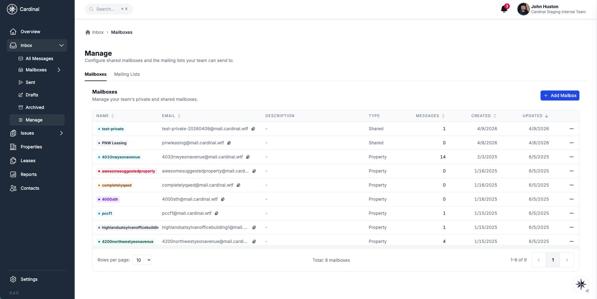 Mailboxes page showing a sortable table of shared and property mailboxes with name, email, description, type, message count, and created/updated columns