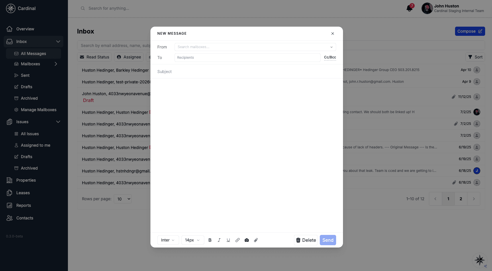 New Message dialog with From mailbox selector, To and Cc/Bcc recipient fields, Subject, rich-text body, and Send button