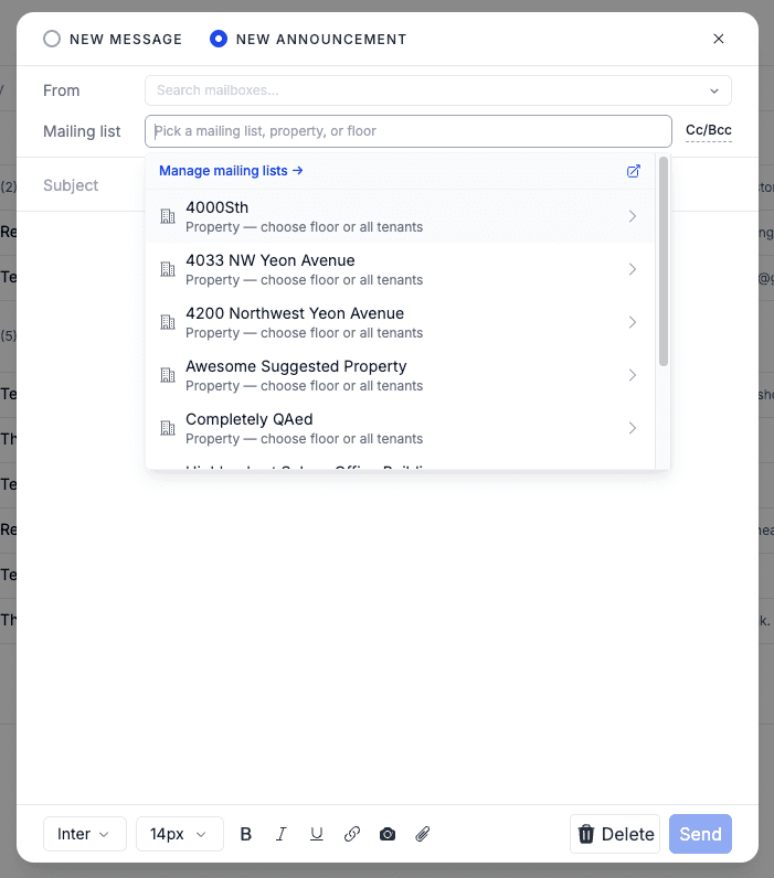 Compose modal with the New Announcement toggle selected, showing a Mailing list recipient field for picking a mailing list, property, or floor