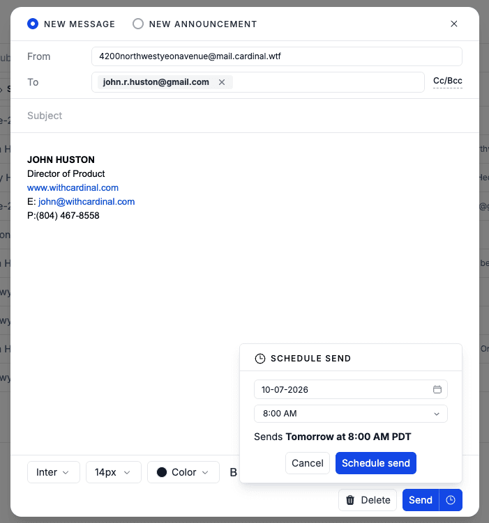 Compose dialog with the schedule-send panel open beside the Send button, showing a date picker, a time dropdown, and a confirmation line reading Sends Tomorrow at 8:00 AM with a time zone label