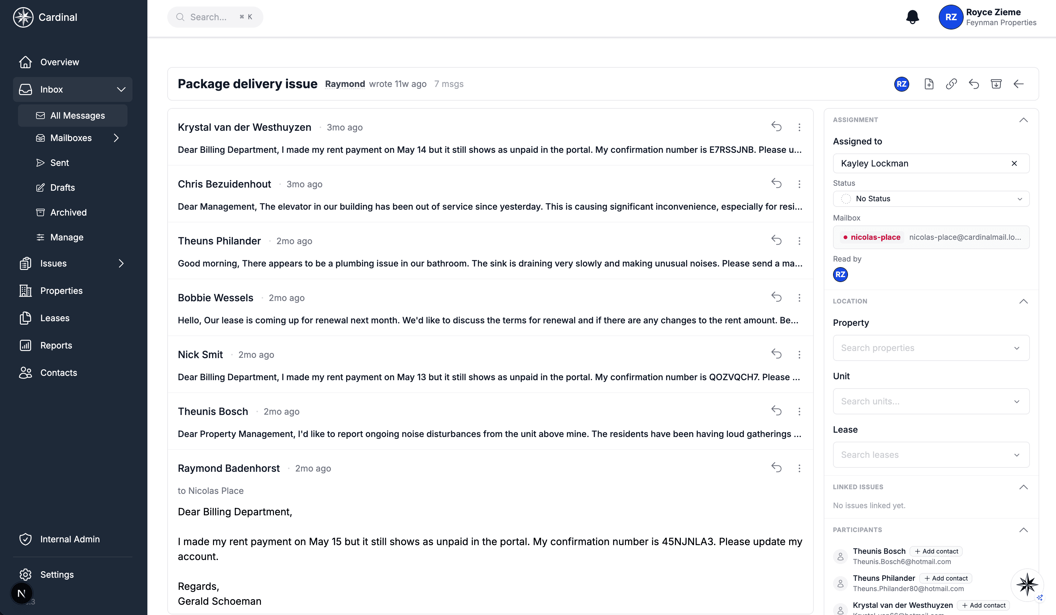 Thread view showing message folding, actions, and sidebar management