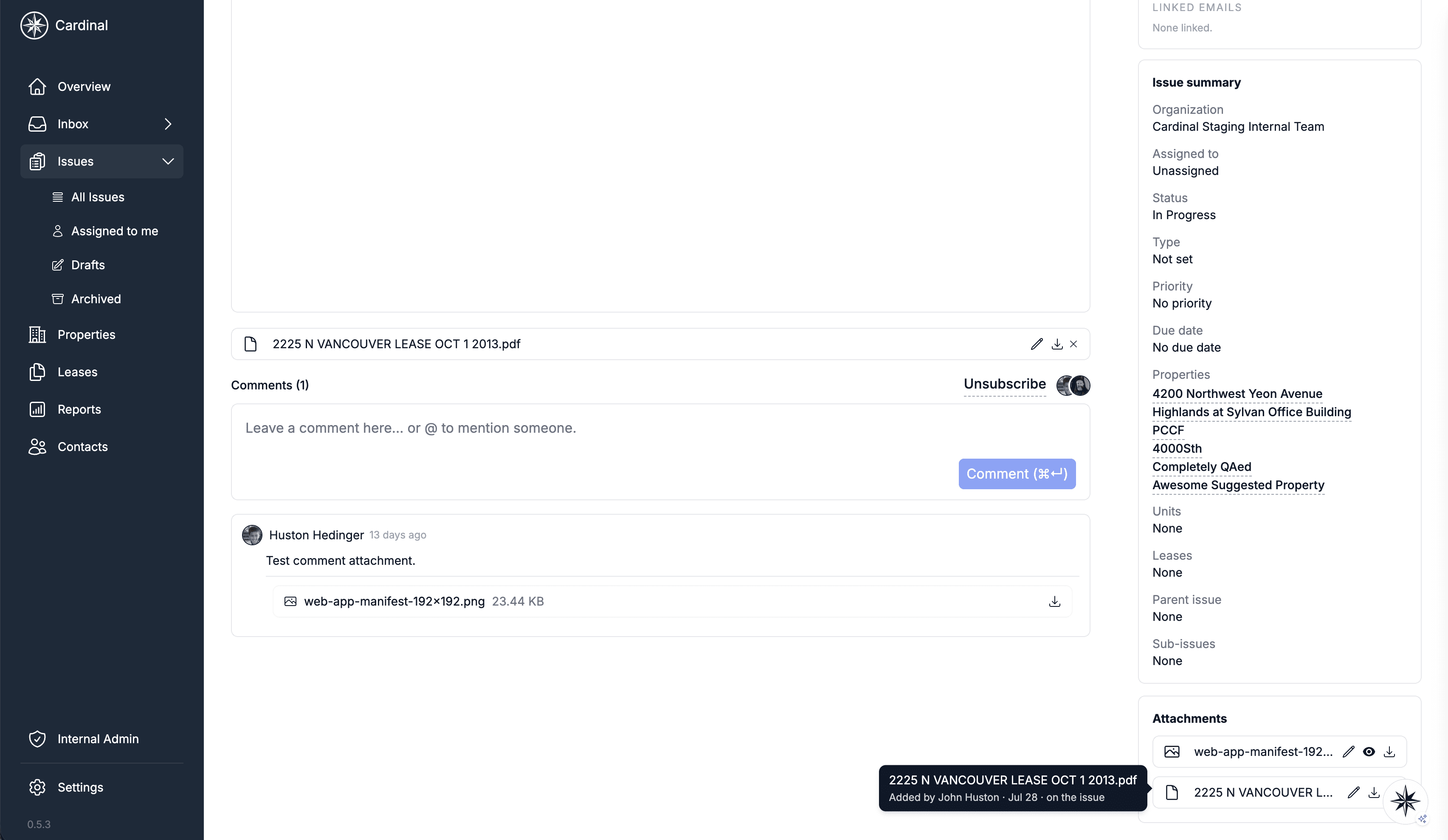 Issue sidebar Attachments panel listing files from the issue itself, a linked email, and a comment, with a hover line showing who attached each file and where it came from