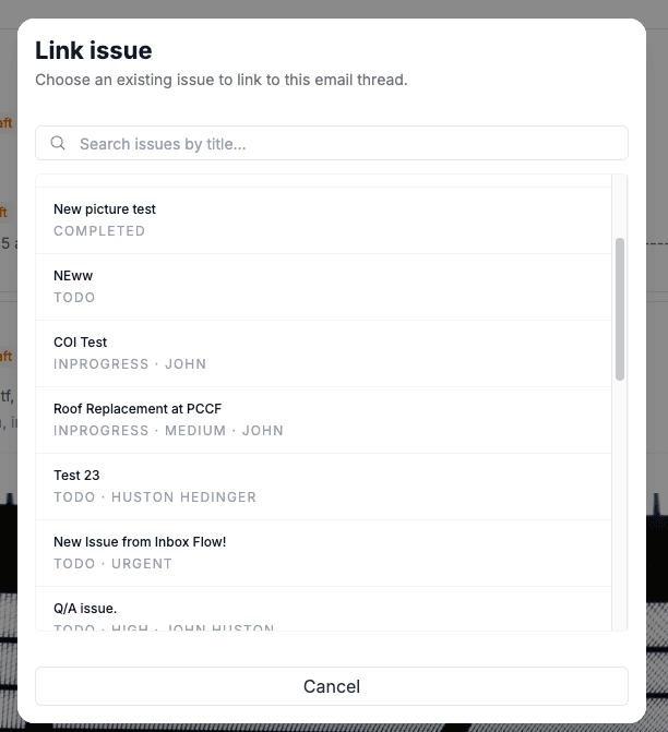 Link issue modal listing existing issues by title with status and assignee, filtered by a search input