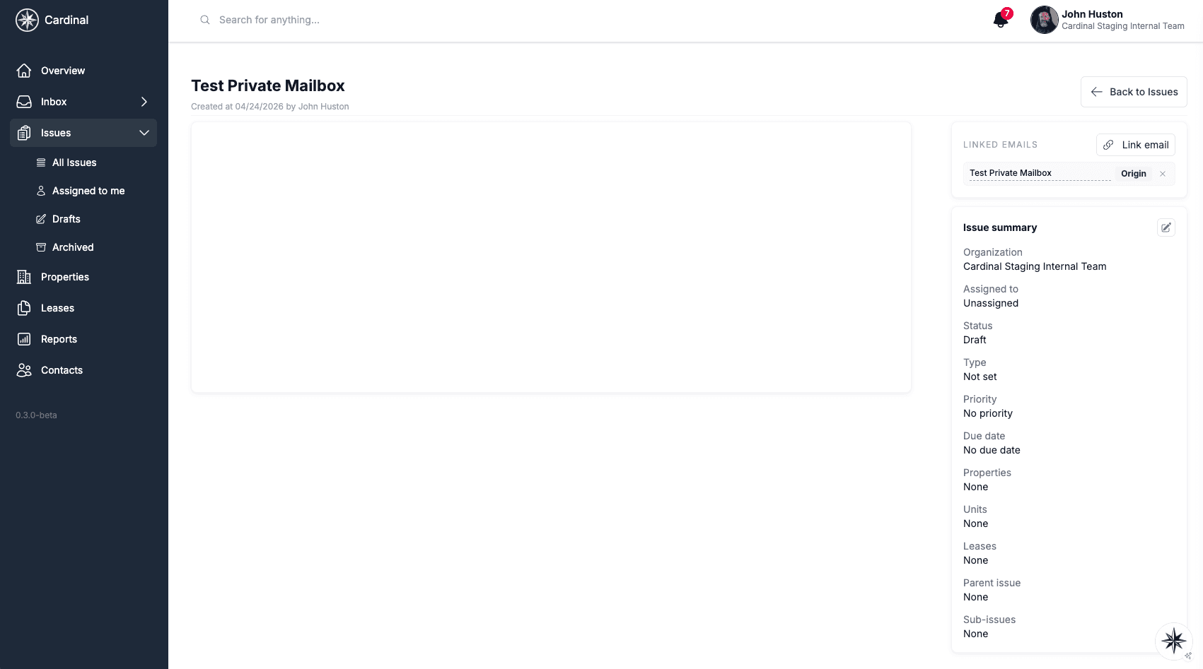 Issue detail page showing a Linked emails panel with a Link email button and an Origin email chip next to the thread that created the issue