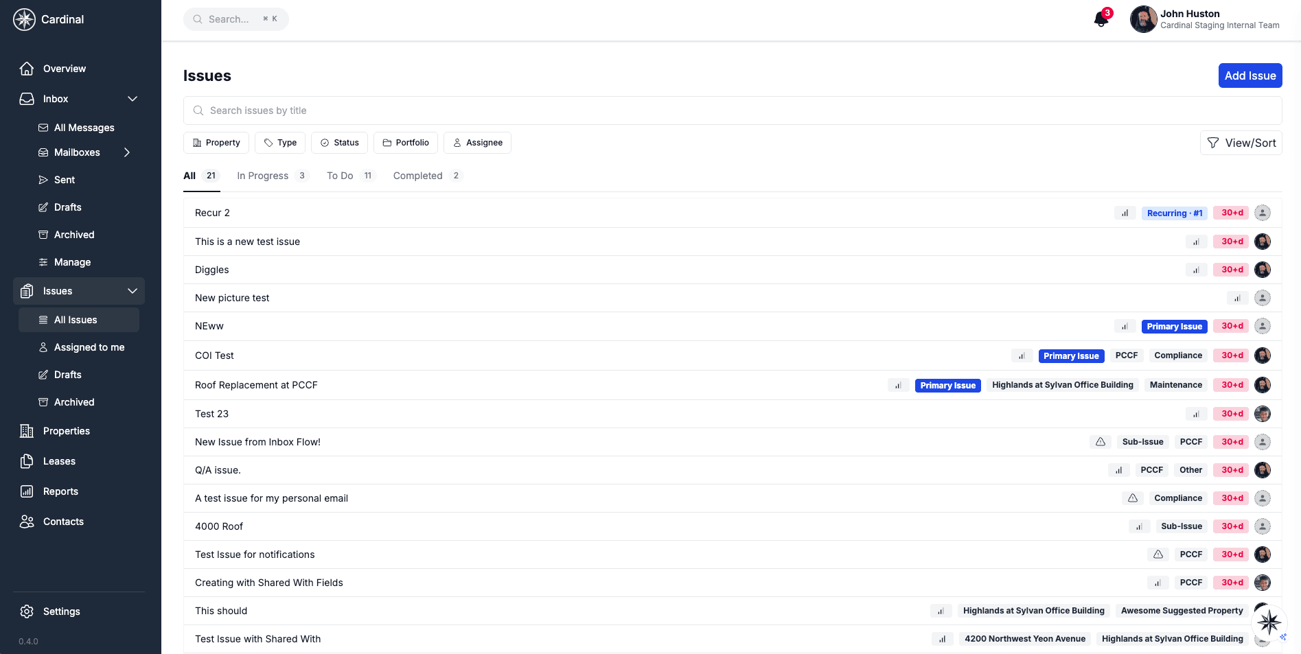 Issues dashboard showing all issues with filtering and status overview
