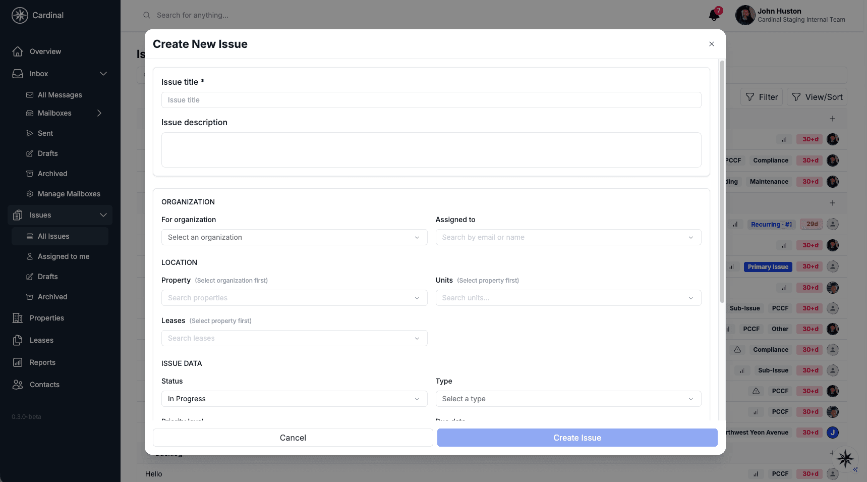 New issue creation dialog with all fields and options