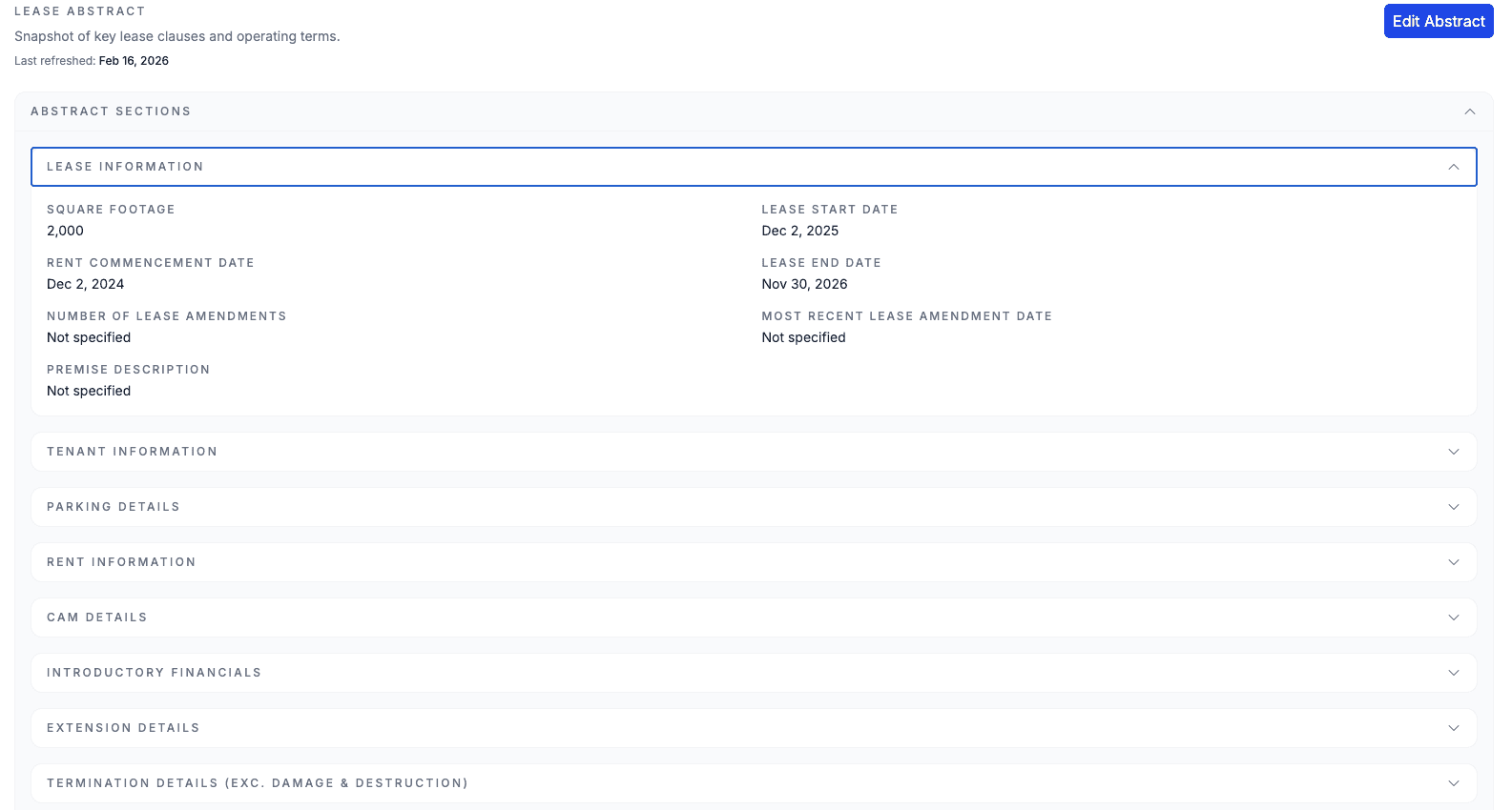 Lease abstract view showing lease information, tenant information, CAM details, and other abstract sections