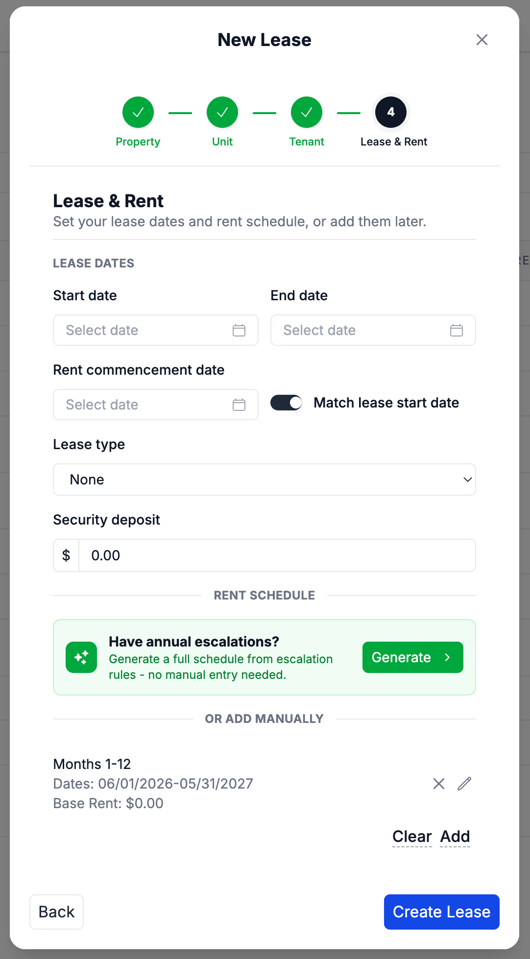 Add lease form with tenant and lease details