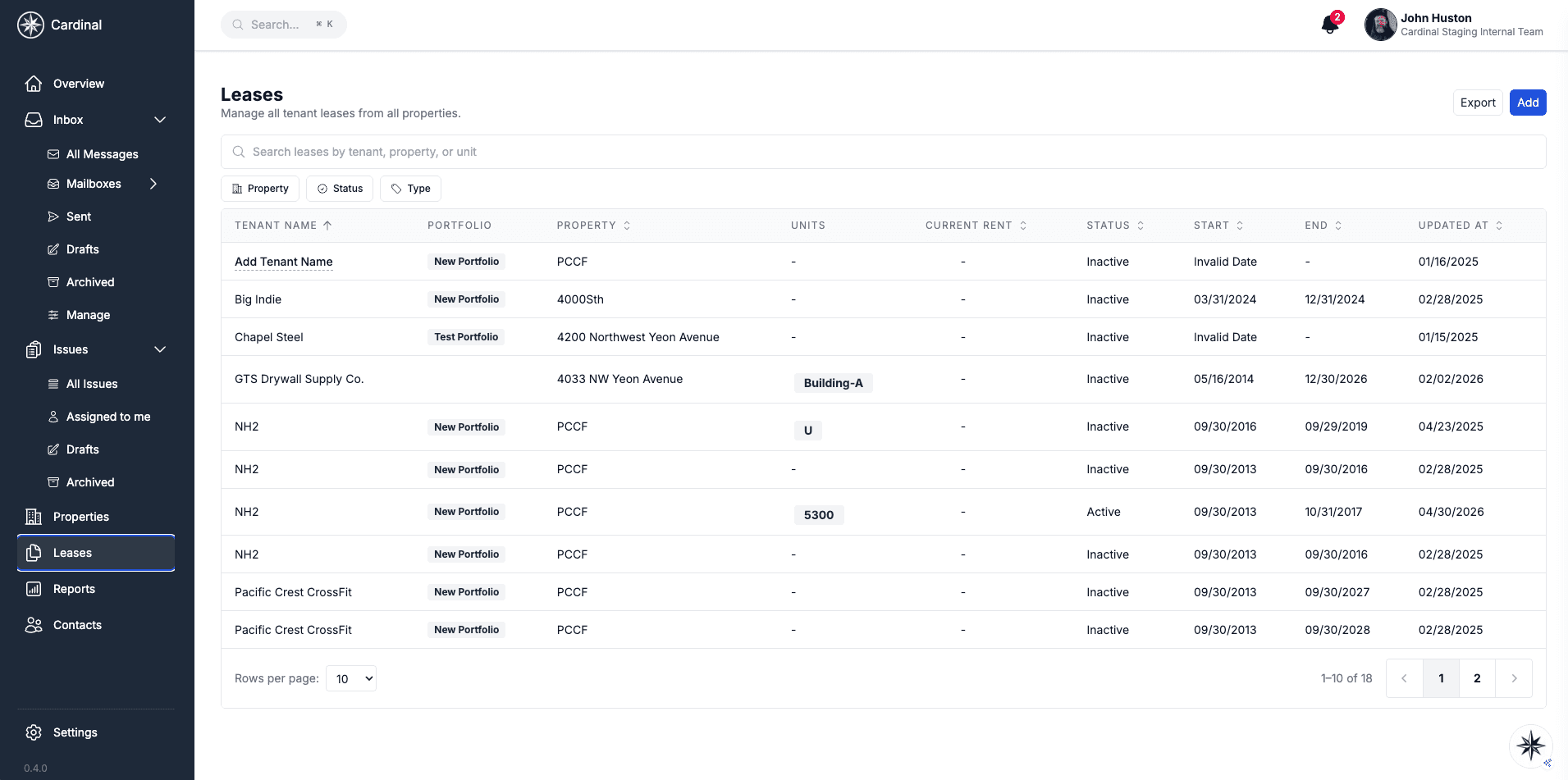 Leases dashboard showing all property leases and status overview