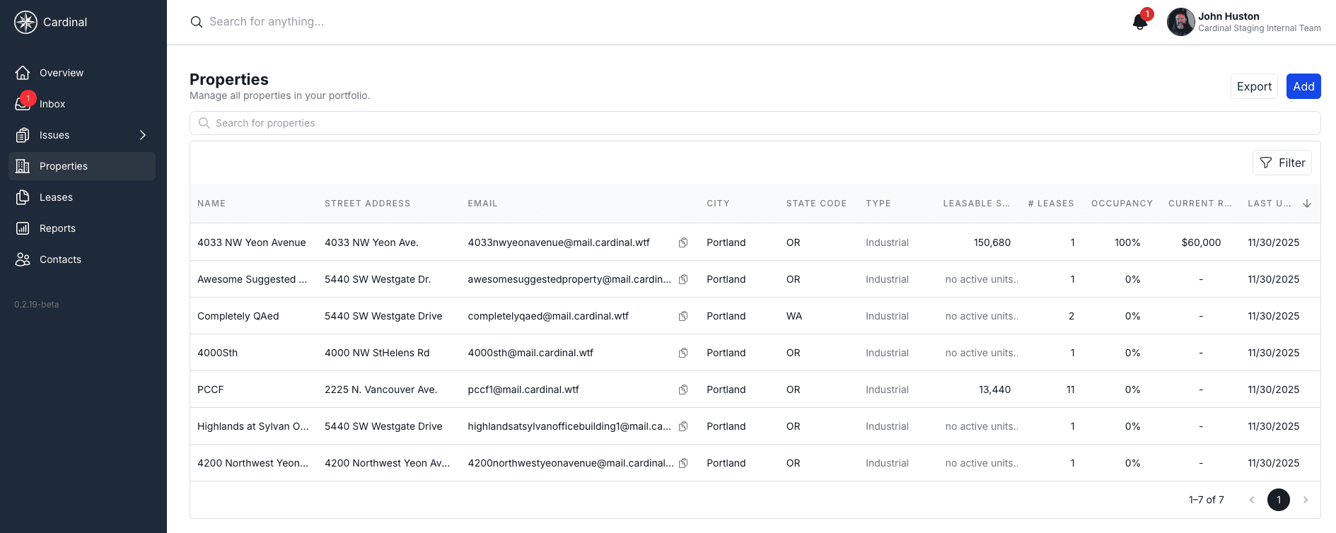 Properties dashboard with a list of properties and key metrics