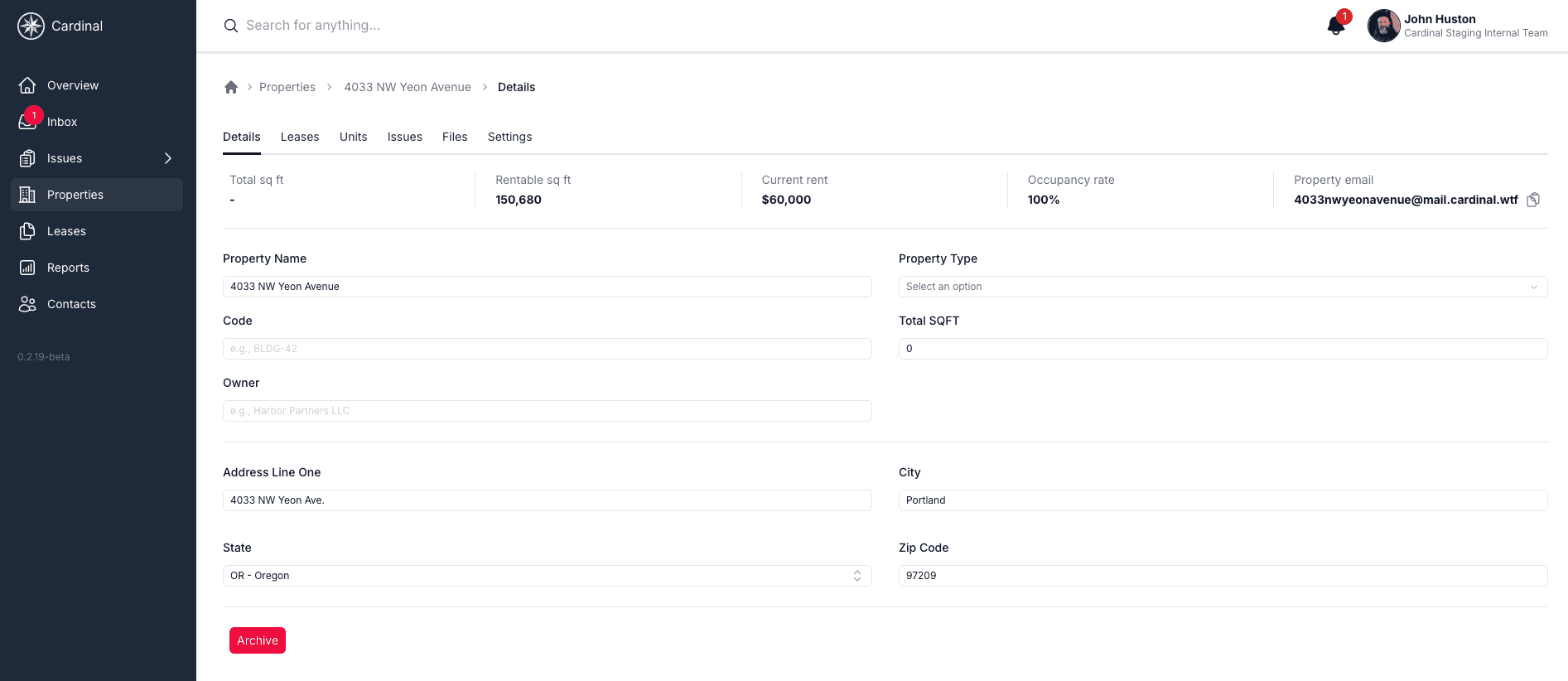 Property overview screen with specs and status