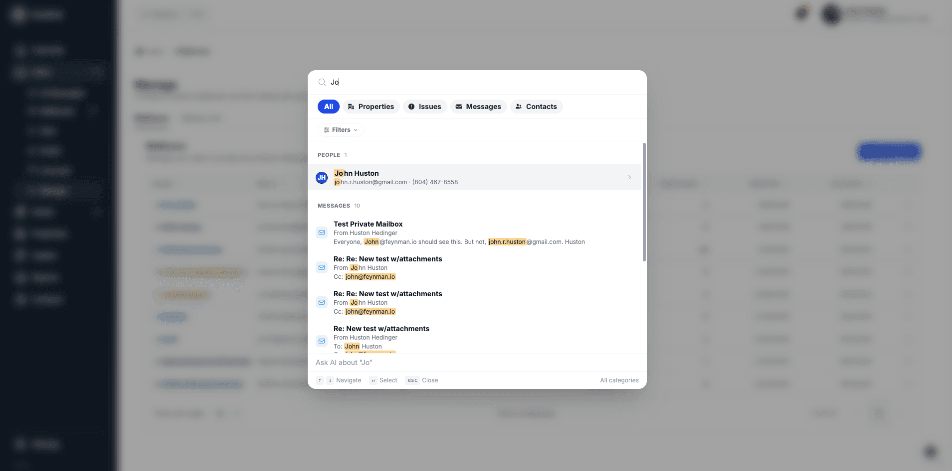 Inbox search interface showing search results with different content types