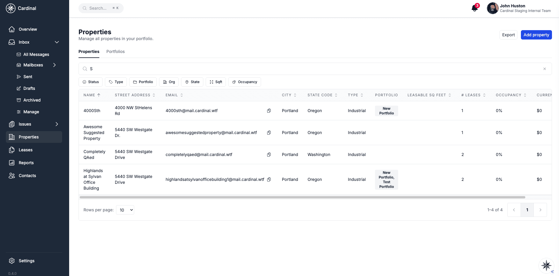 Properties list page with a Search by name or address bar at the top filtering the table in place
