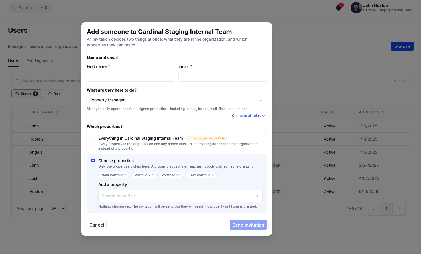 Invitation dialog with name and email fields, a role picker, the Which properties scope choice with portfolio chips, and an access preview listing what the person can and cannot do